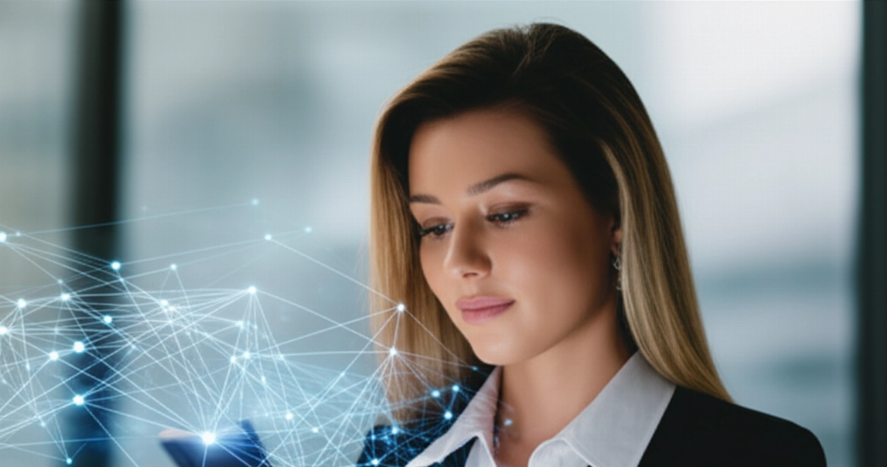 Giovane donna caucasica che osserva un telefono, circondata da una rete digitale che simboleggia le connessioni social.