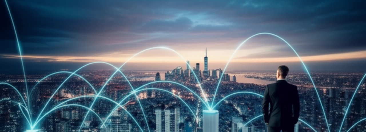 Un individuo caucasico fiducioso su un tetto, che osserva una città con un'interfaccia digitale, a simboleggiare la leadership e la visibilità online raggiunta con il SEO.