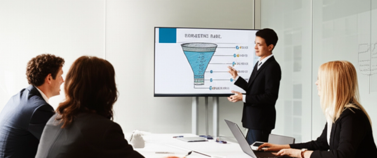 Professionisti caucasici e un cliente in una sala riunioni moderna, impegnati in una discussione collaborativa sulla strategia di marketing digitale.