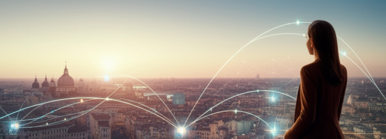 Una estratega de negocios caucásica contempla una ciudad italiana al atardecer, con elementos digitales que simbolizan el crecimiento global.