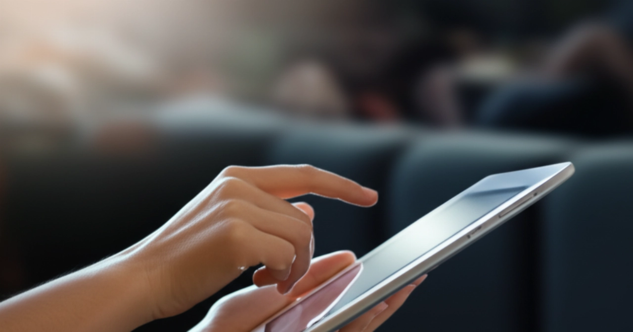 Mani caucasiche che interagiscono delicatamente con un tablet, esplorando un sito web moderno.