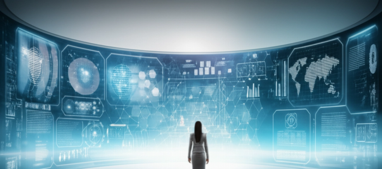 Donna caucasica che osserva un'interfaccia digitale futuristica, simboleggiando le infinite possibilità del web.