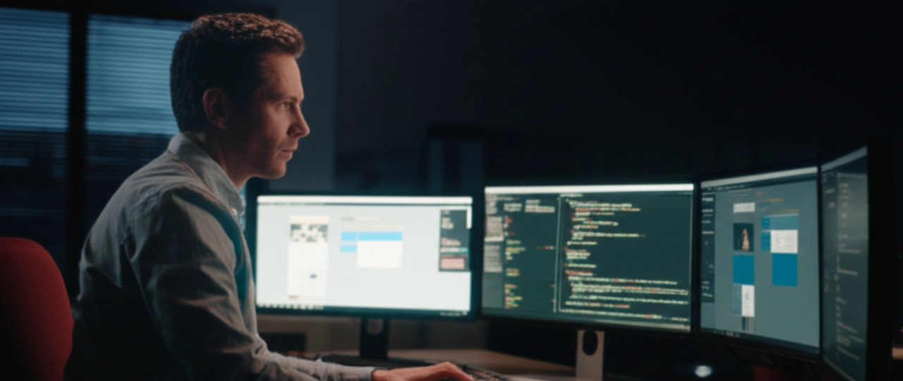 A Caucasian man focused on multiple monitors displaying code and a web interface, symbolizing the website development process.