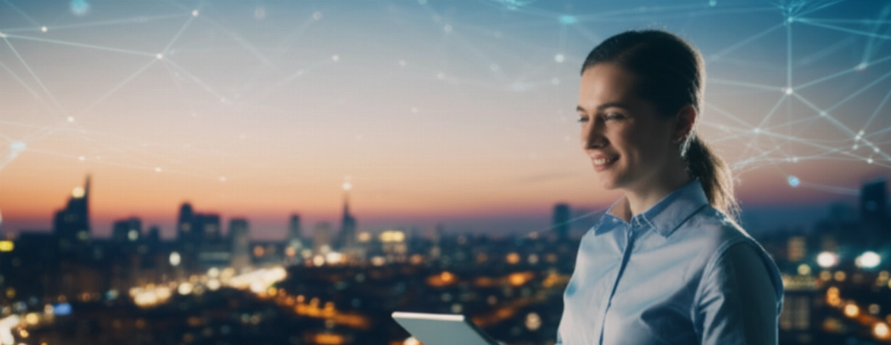 A Caucasian person on a city rooftop at dusk, proudly displaying a tablet with a newly launched website, symbolizing success and global reach.