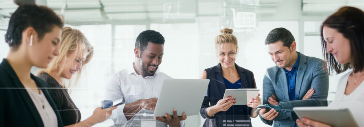 Diverse Caucasian individuals happily interacting with digital devices, symbolizing the global reach and connection of a website.