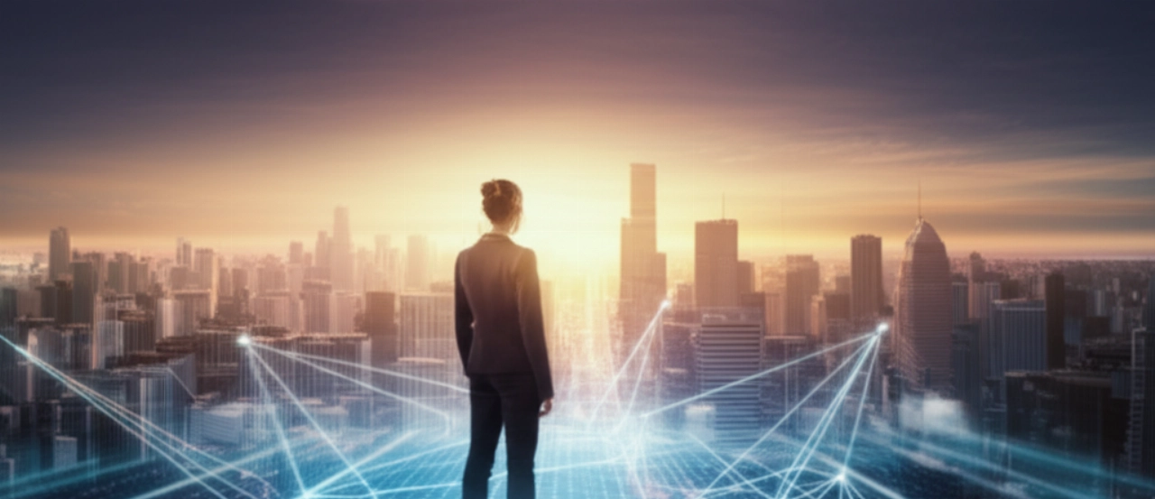 A Caucasian woman standing on a digital platform, looking towards a futuristic cityscape, symbolizing a website as a foundation for future growth.
