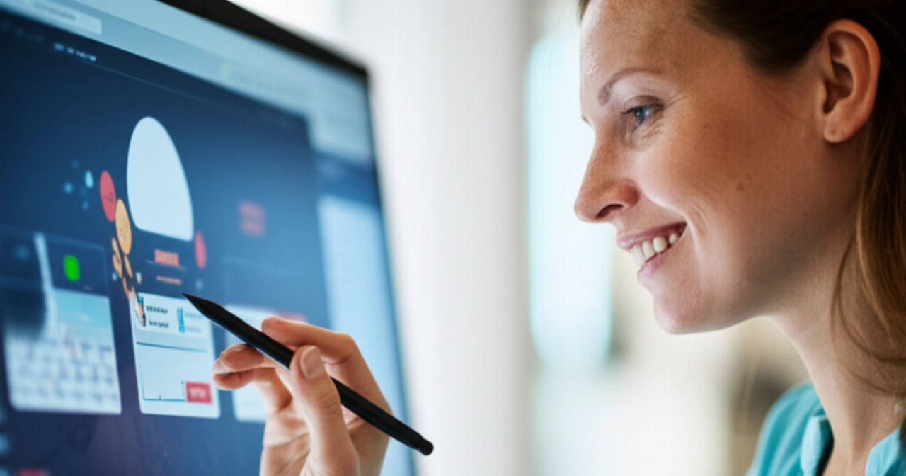 Donna caucasica sorridente che interagisce con un sito web su un grande monitor, in un ambiente di lavoro moderno.