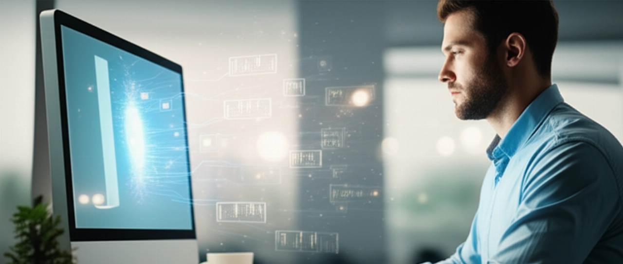 Un designer caucasien concentré travaille sur un moniteur haute résolution, avec des éléments de design numérique symbolisant la créativité.
