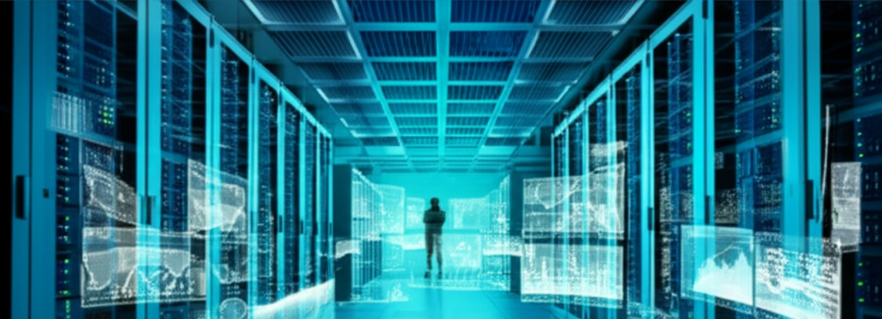 Vasto e futuristico centro dati o hub di controllo notturno, con file di server luminosi e schermi curvi che mostrano complessi schemi di dati.