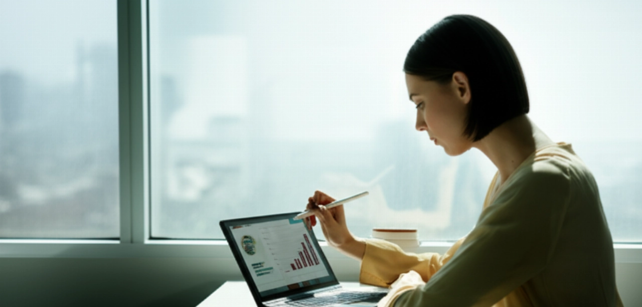 Donna caucasica pensierosa che analizza complessi grafici di analisi su uno schermo di tablet o laptop in un ufficio moderno e luminoso.