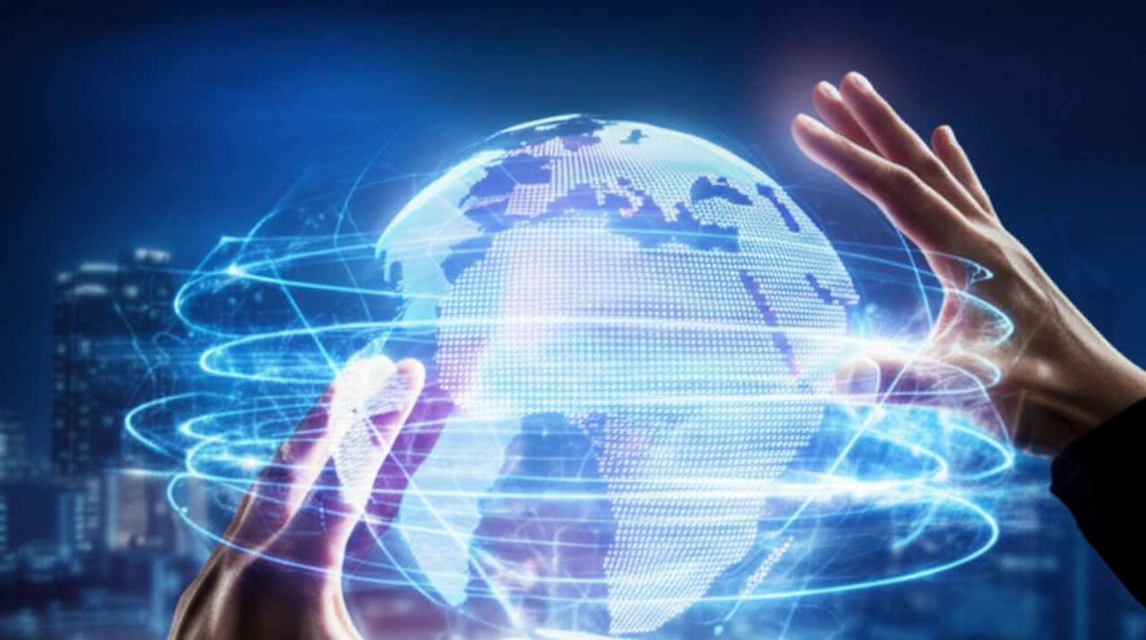 An abstract representation of global digital connectivity with glowing light trails and data streams flowing across a digital globe, with subtle Caucasian hands gently interacting.