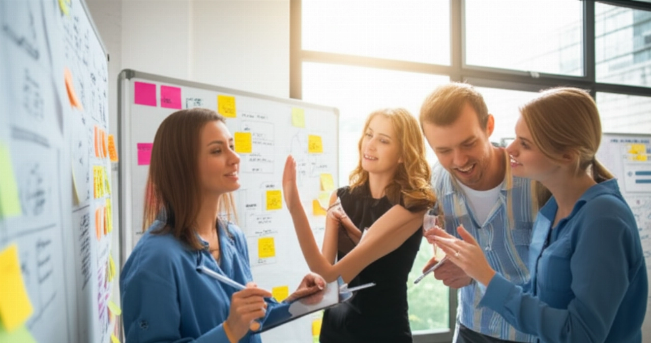 Un team di marketing caucasico in una sessione di brainstorming dinamica, con lavagne piene di idee.