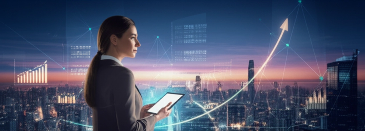 Una donna caucasica osserva una città futuristica con sovrapposizioni di metriche di marketing digitale.