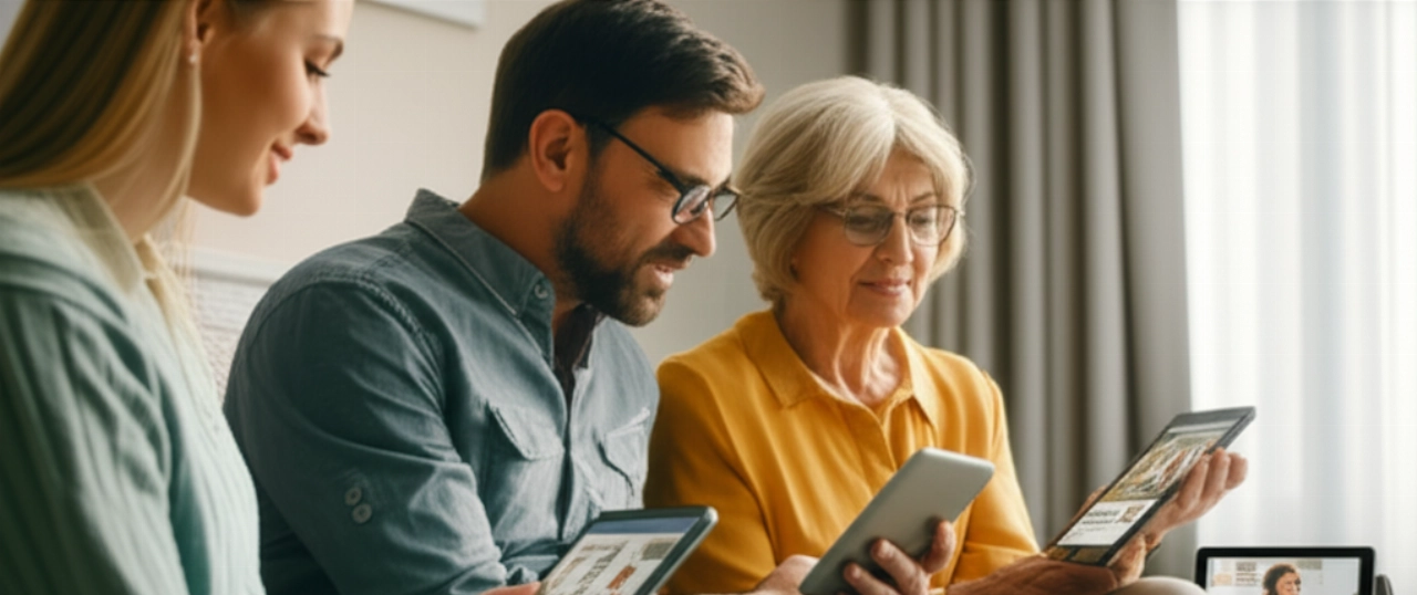 Un gruppo di individui caucasici di età diverse interagisce con contenuti personalizzati sui loro dispositivi, illustrando l'esperienza utente migliorata dal marketing mirato.