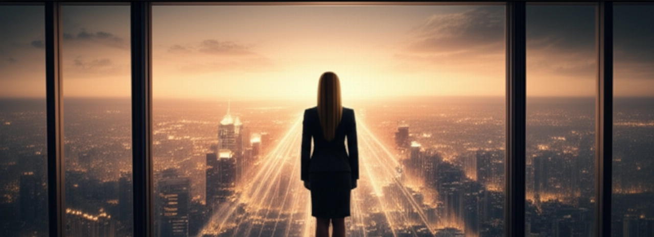Una dirigente caucasica osserva una città al tramonto, con linee di luce che si espandono, simboleggiando la crescita e il successo ottenuti attraverso una strategia di marketing mirato.