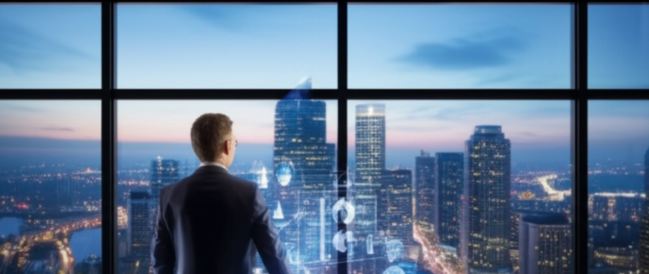 Un dirigente caucasico osserva una città illuminata dal suo ufficio di lusso, con una proiezione olografica di dati strategici sul tavolo, simboleggiando leadership e visione.