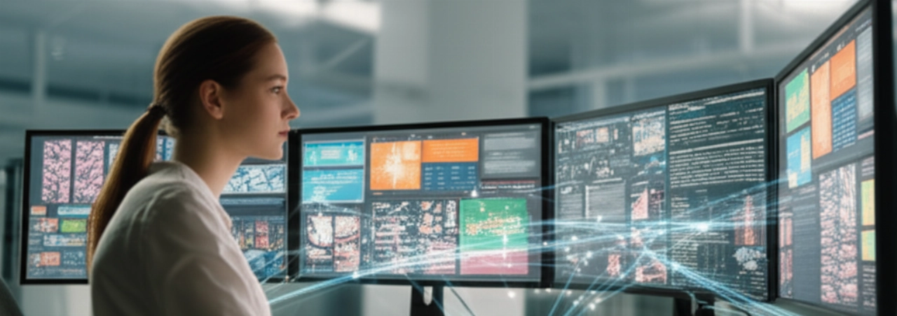 Una giovane professionista creativa caucasica lavora intensamente al suo computer con schermi multipli che mostrano design digitali e dati, con flussi di dati astratti che simboleggiano l'impatto della comunicazione.