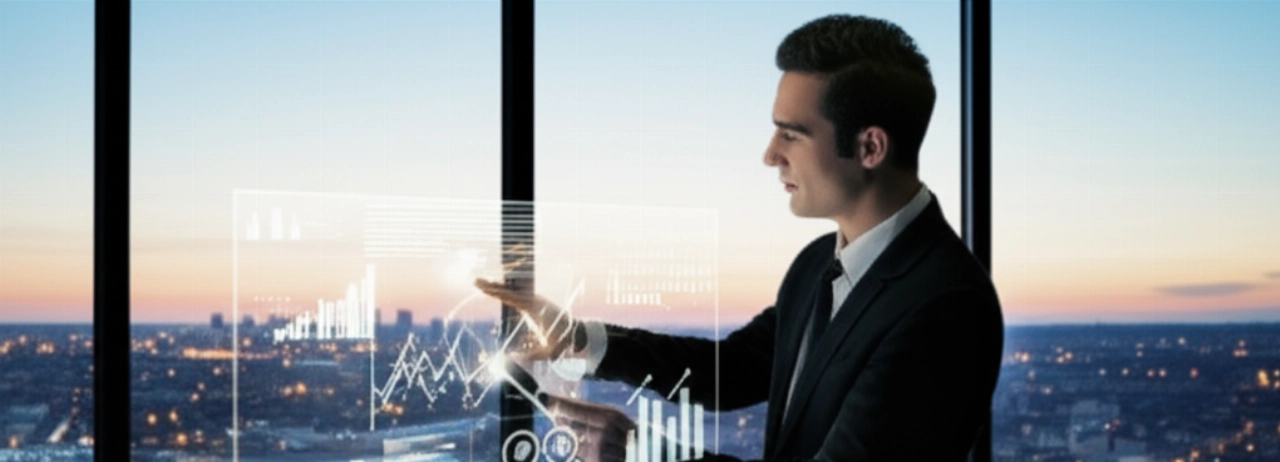 Un líder empresarial caucásico confiado revisa gráficos de crecimiento digital en una tableta o proyección holográfica, con un moderno paisaje urbano italiano al anochecer de fondo.