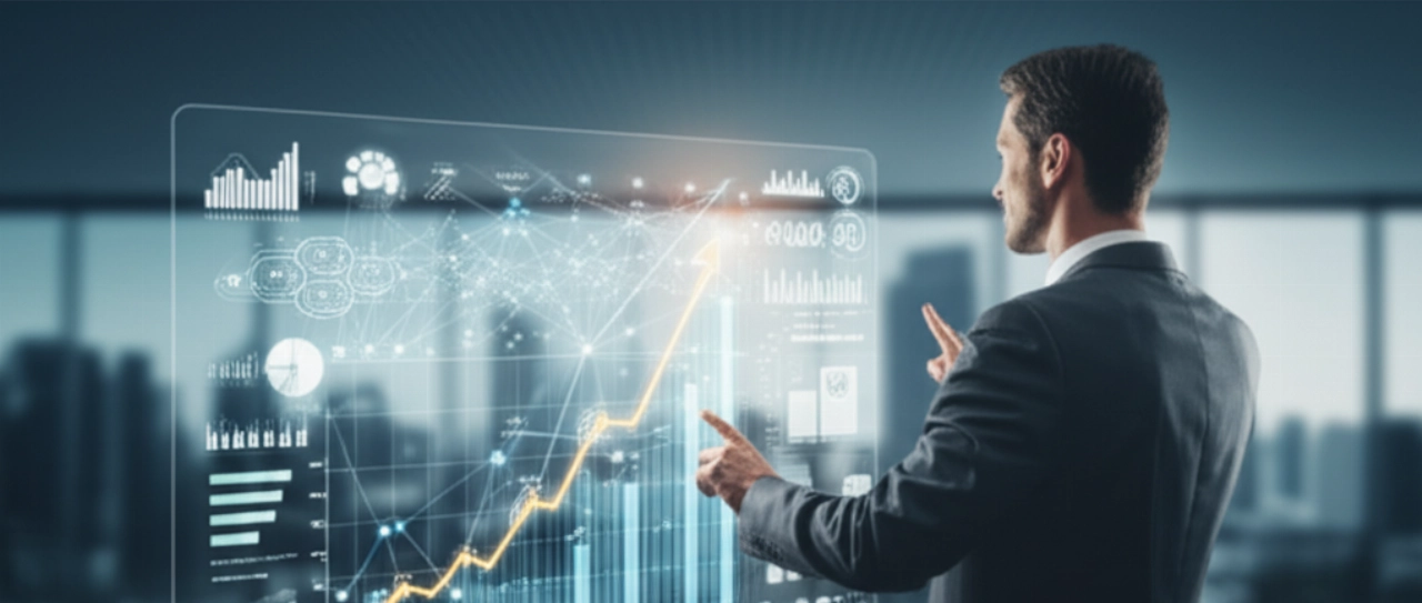 Professionista caucasico in un paesaggio digitale futuristico che interagisce con proiezioni olografiche di dati SEO e di crescita web.