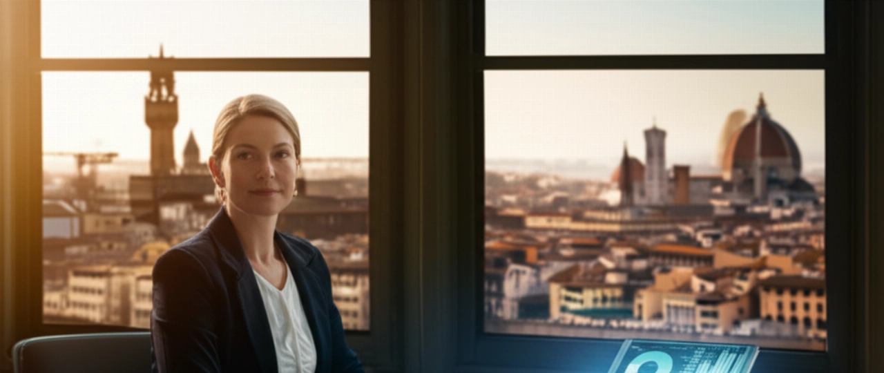 CEO caucasica di marketing seduta in un ufficio di lusso con vista su una città italiana, simboleggiando leadership e successo digitale.
