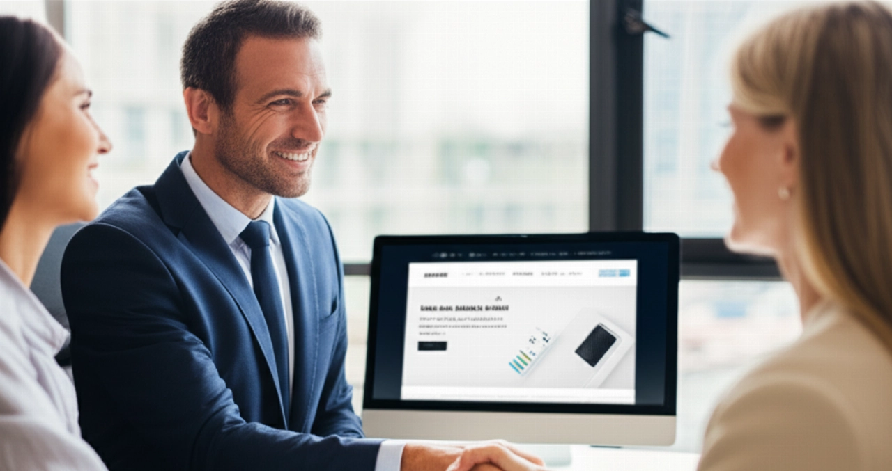 Un profesional de agencia web caucásico estrecha la mano de una clienta satisfecha, simbolizando una asociación exitosa.