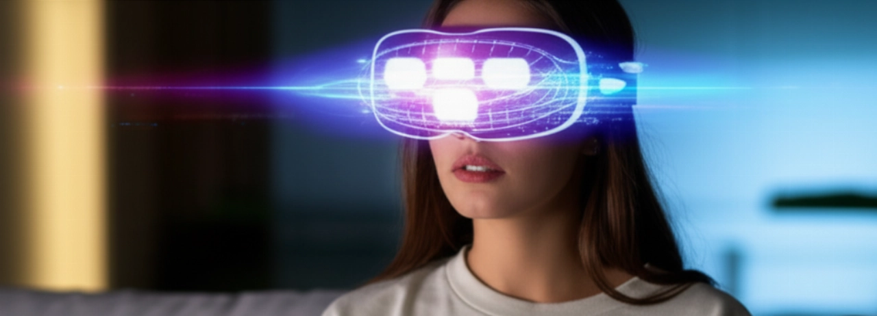 Una giovane donna caucasica immersa in un'esperienza di realtà virtuale con visore futuristico, in un ambiente domestico ad alta tecnologia, con illuminazione cinematografica e dettagli iperrealistici.