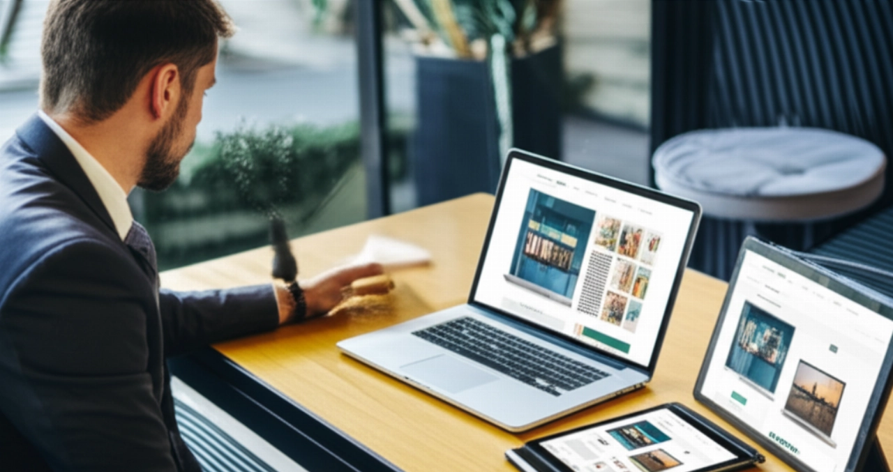 Un professionista caucasico ammira un sito web responsive e ben progettato su più dispositivi.