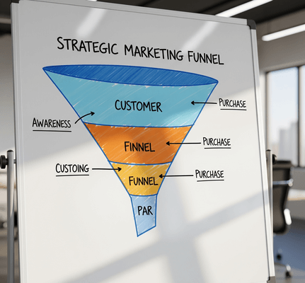 Lavagna con disegnato un funnel di marketing strategico
