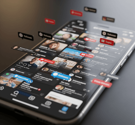 Smartphone che mostra interazioni sui social media
