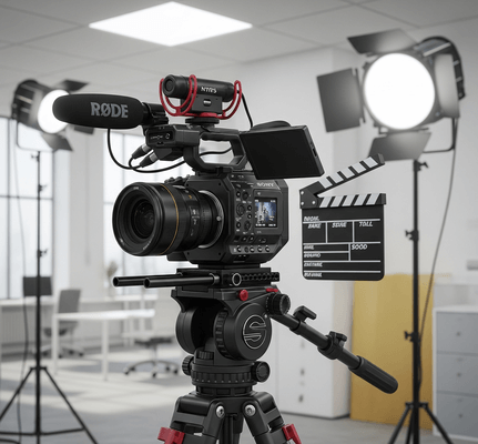 Videocamera professionale pronta per una ripresa aziendale