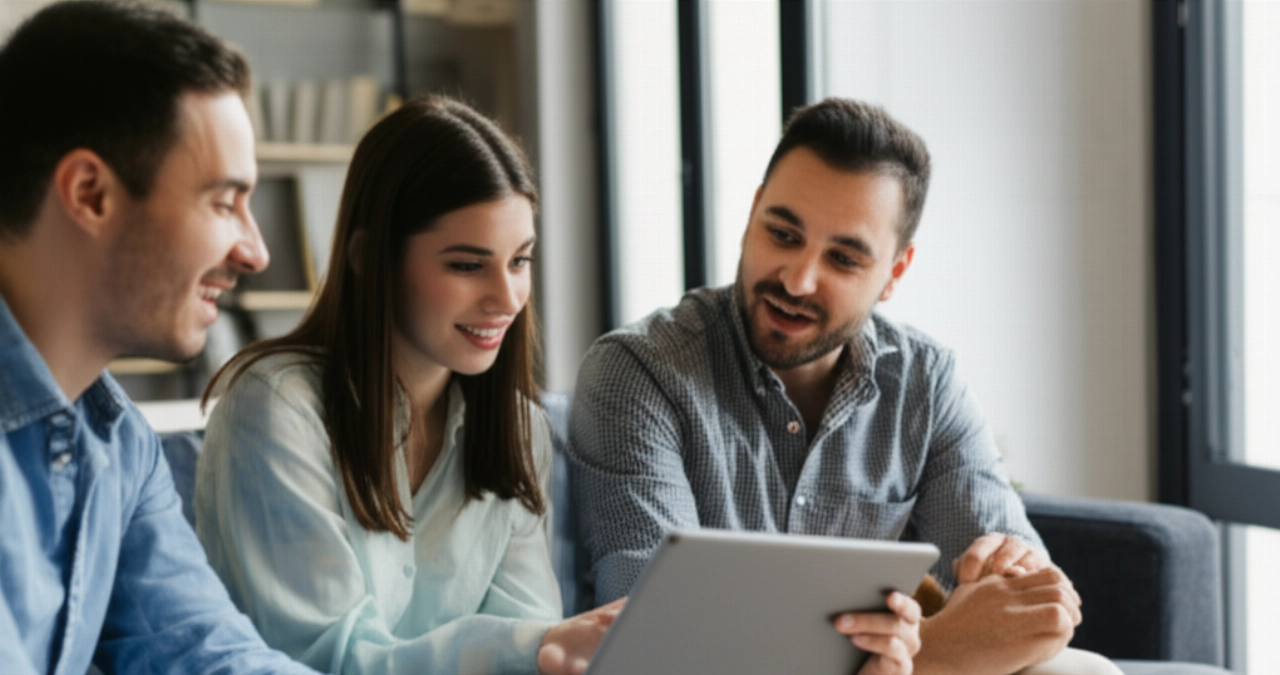 Groupe de personnes caucasiennes engagées regardant une vidéo sur une tablette, représentant l'engagement client.